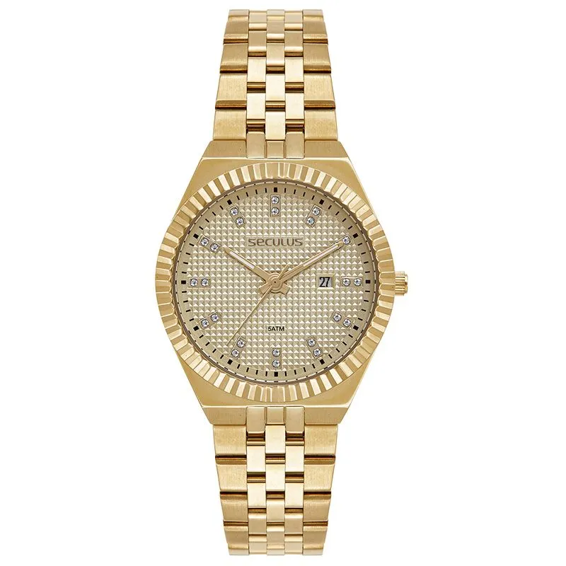 Relógio Feminino Calendário Aço Champagne