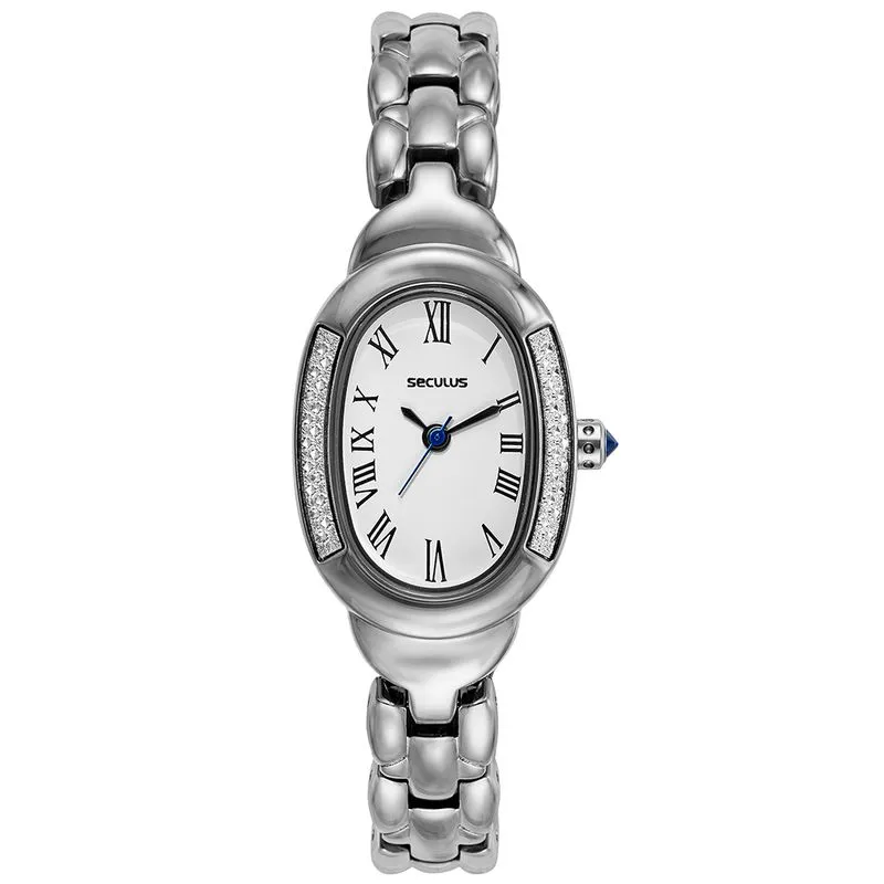 Relógio Feminino Analógico Oval Diamond Cut Prata