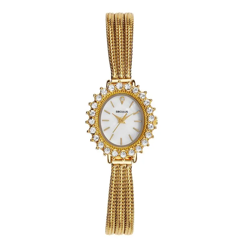 Relógio Feminino Oval Cristais Madrepérola Dourado