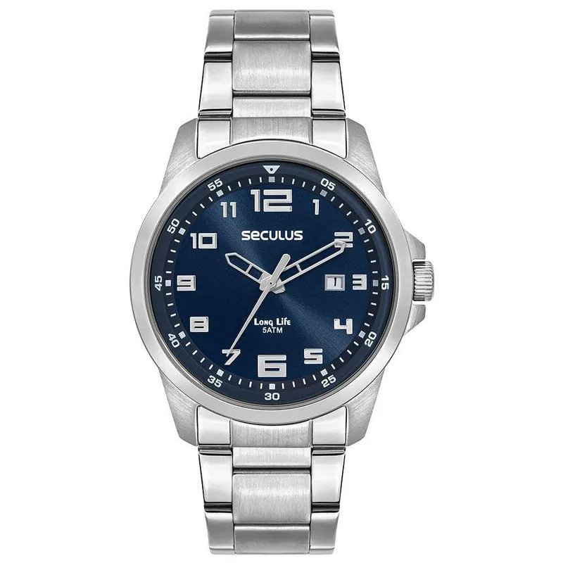Relógio Masculino Tank Signature Mini Analógico Aço Inox Prateado Azul