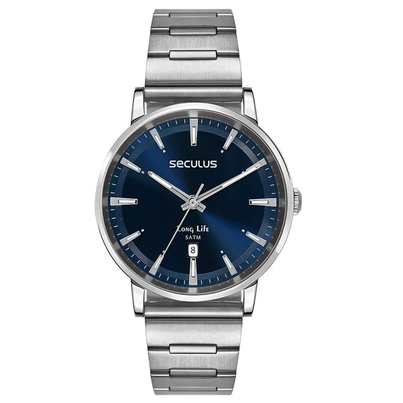 Relógio Masculino Redondo Long Life Em Aço Azul