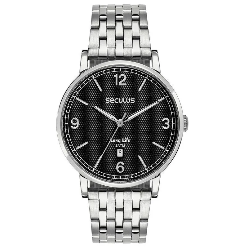 Relógio Masculino Long Life em Aço Inox com Calendário Preto Séculus
