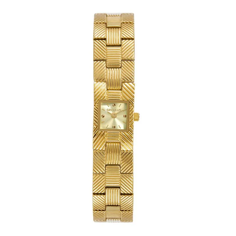 Relógio Feminino Quadrado Aço Texturizado Dourado