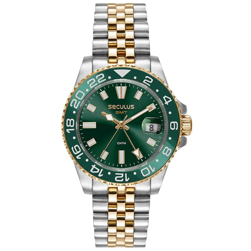 Relógio Masculino Aço Movimento GMT Verde Bicolor