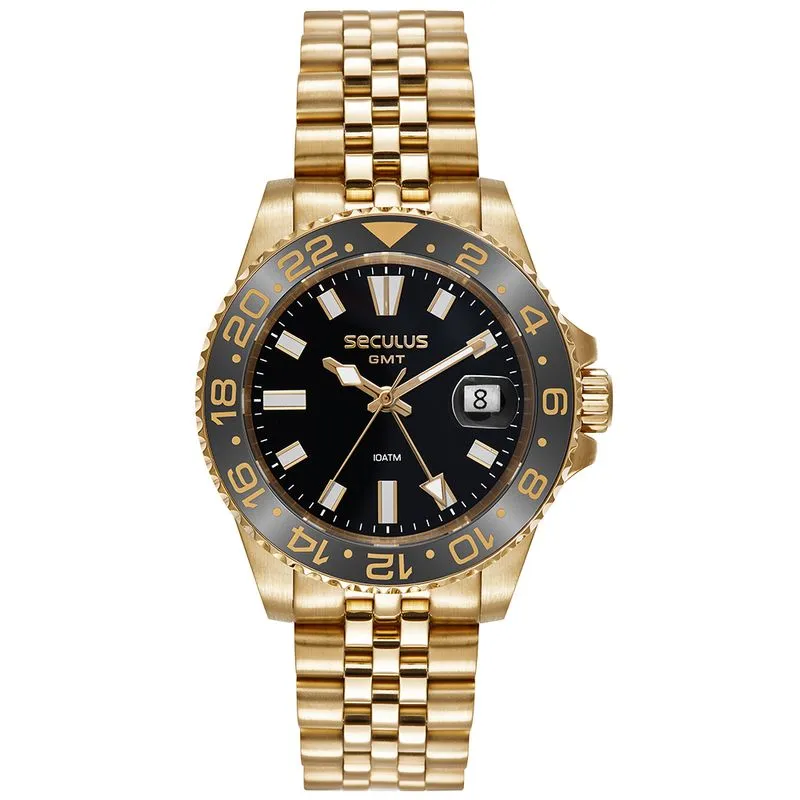 Relógio Masculino Aço Movimento GMT Dourado