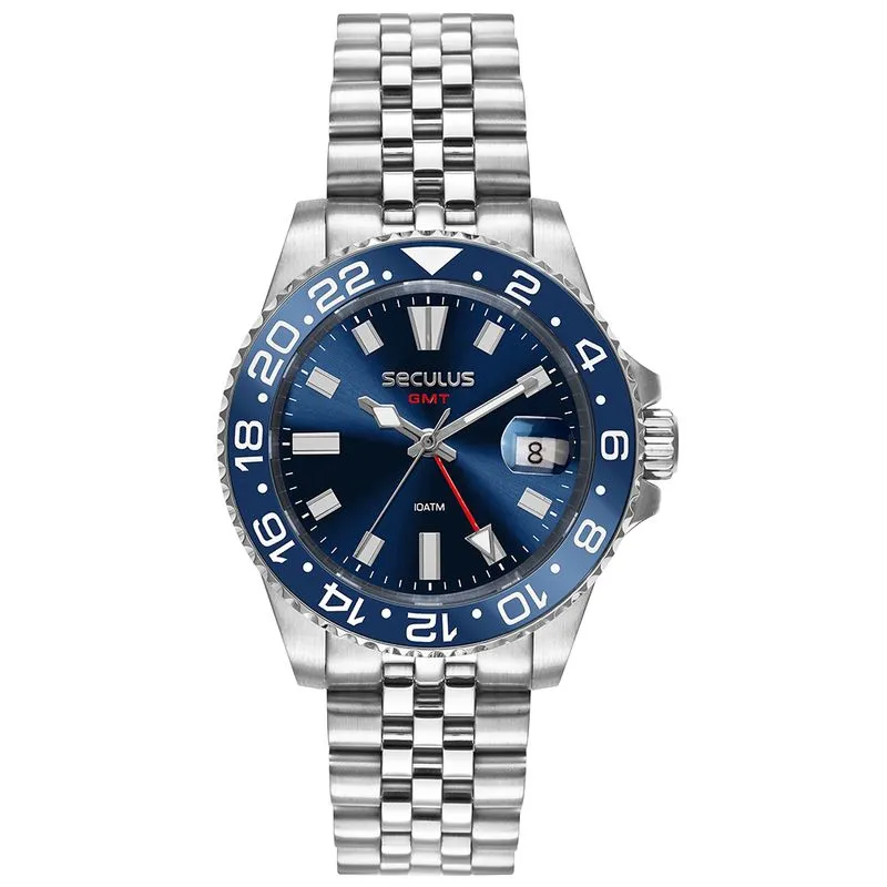 Relógio Masculino Aço Movimento GMT Azul