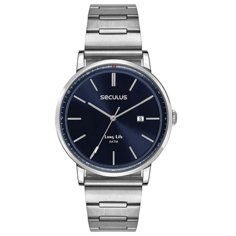 Relógio Masculino Slim Analógico Aço Inox Azul Calendário Séculus