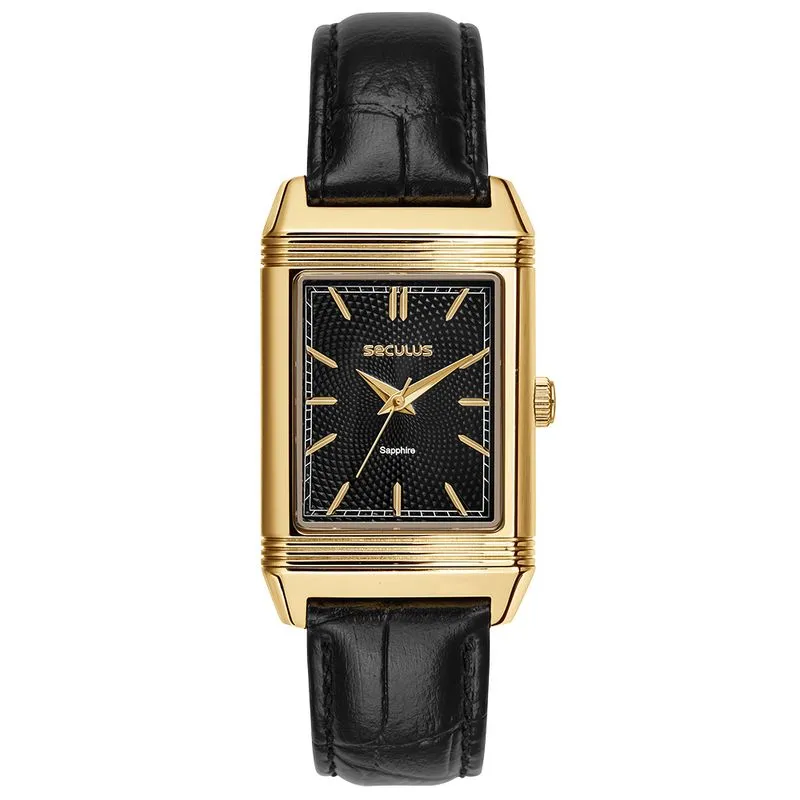 Relógio Masculino Reversível Couro Preto Dourado
