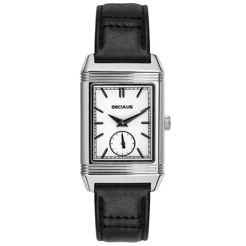 Relógio Masculino Quadrado Reversível Couro Preto