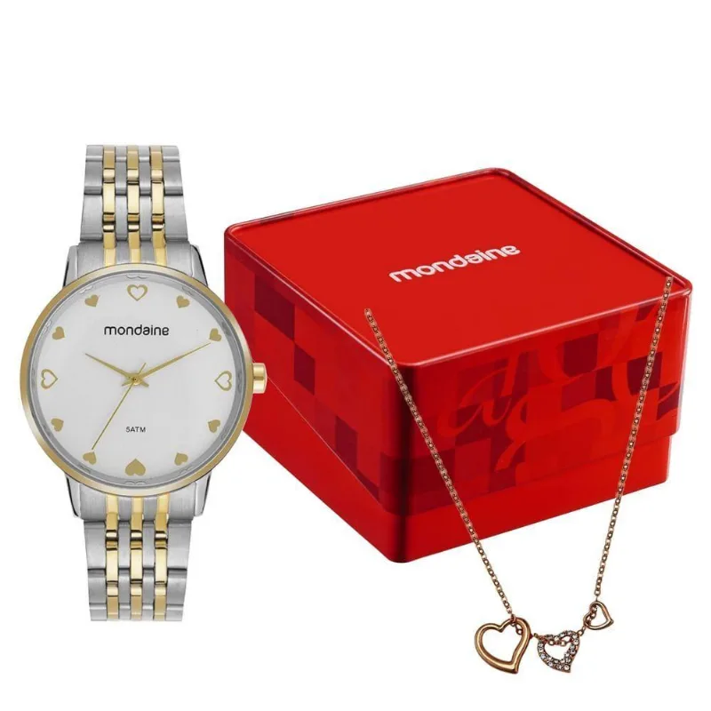 Kit Relógio E Colar Feminino Bicolor Aço Inox Analógico Dourado Mondaine