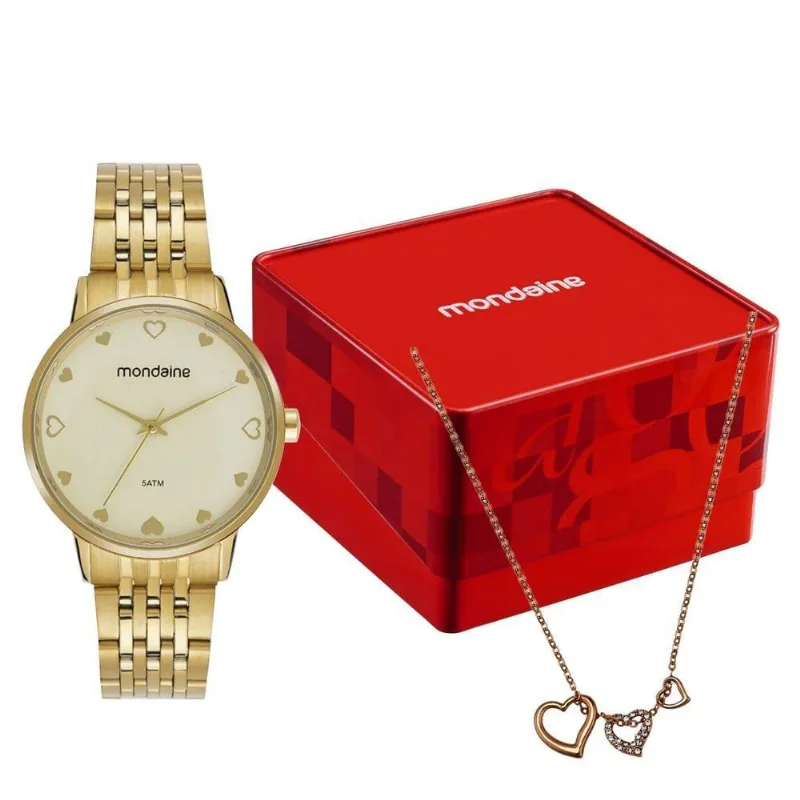 Kit Relógio Feminino Colar De Corações Analógico Aço Inox Dourado Com Colar Mondaine