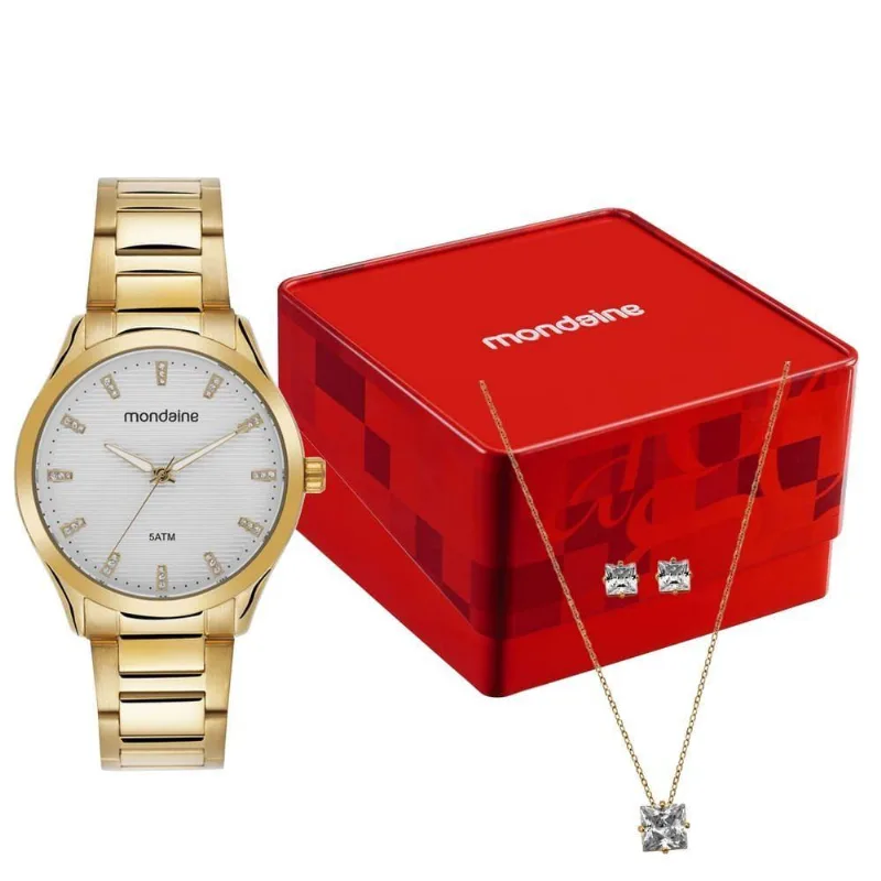 Kit Relógio Feminino Com Colar E Brincos De Cristal Aço Inox Dourado Mondaine