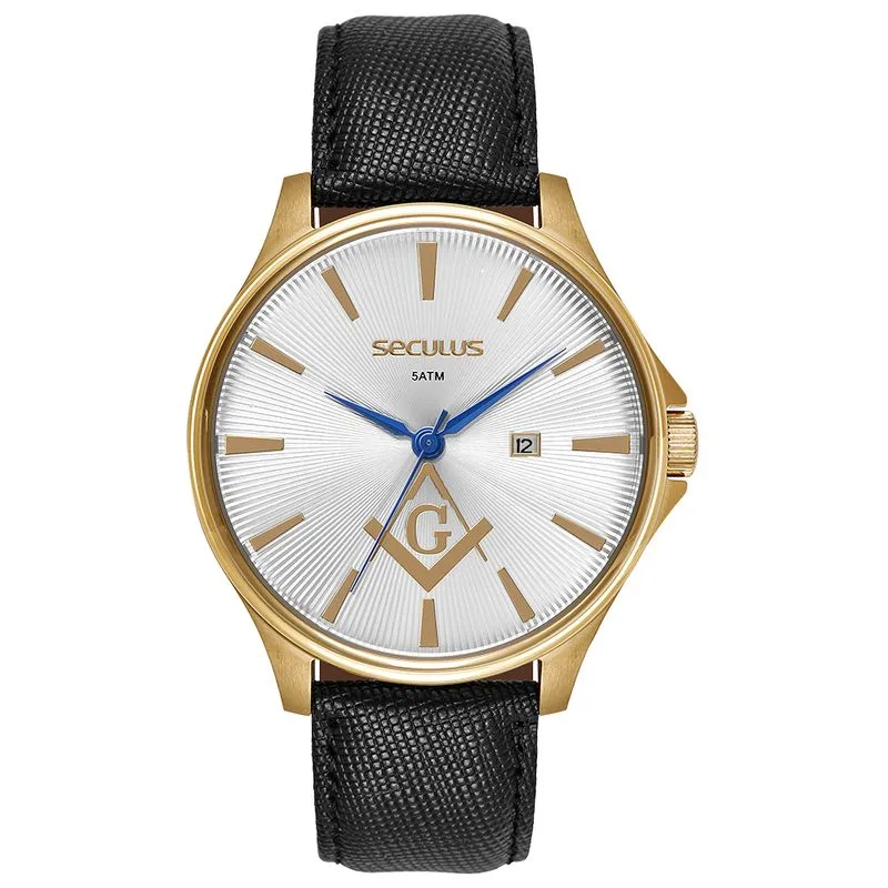 Relógio Masculino Maçonaria Couro Dourado