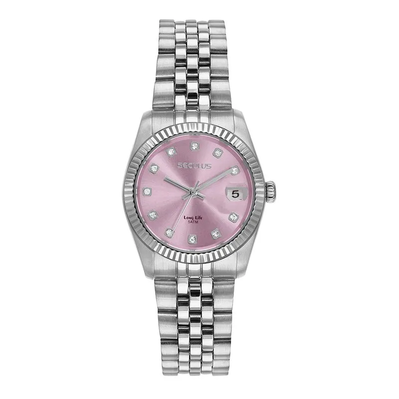 Relógio Feminino Aço Com Calendário Rosa