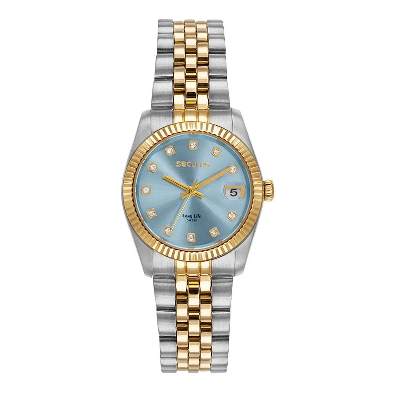 Relógio Feminino Aço Com Calendário Azul