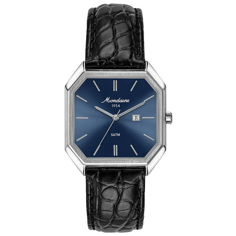 Relógio Masculino Quadrado Couro Genuíno Azul