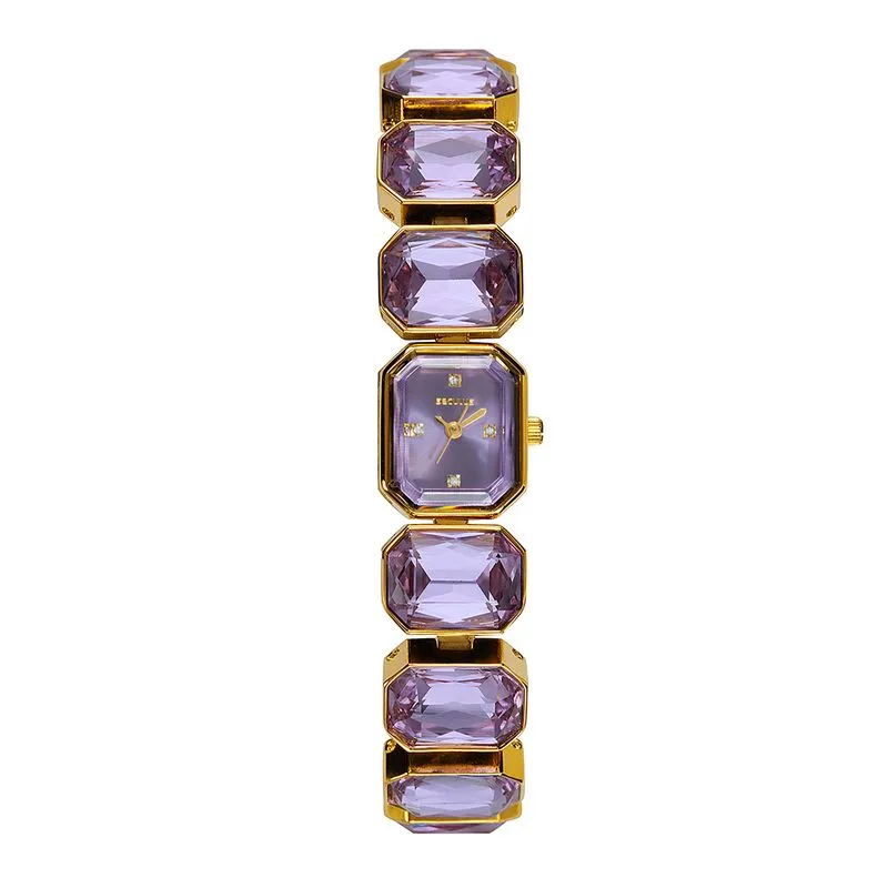Relógio Feminino Quadrado Pedras Facetadas Roxo
