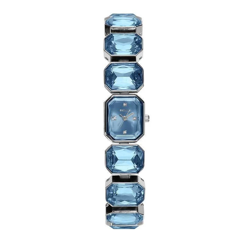 Relógio Feminino Quadrado Pedras Facetadas Azul