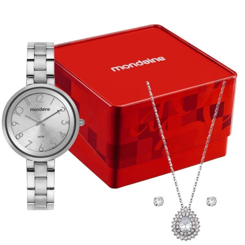Kit Relógio Feminino Kit Relógio Analógico Com Colar E Brincos Mondaine