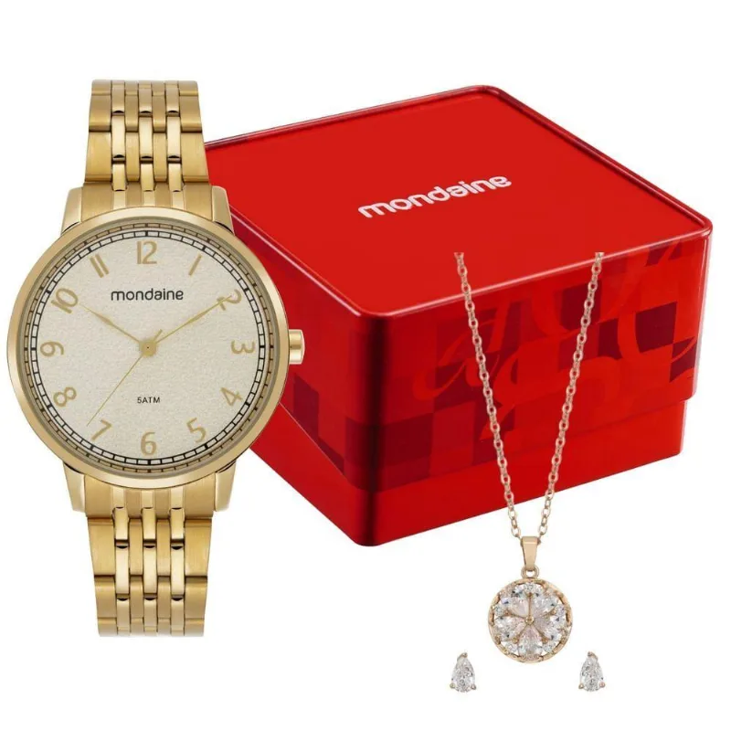 Kit Relógio Feminino Champagne com Colar e Brincos Analógico Aço Inox Dourado Mondaine