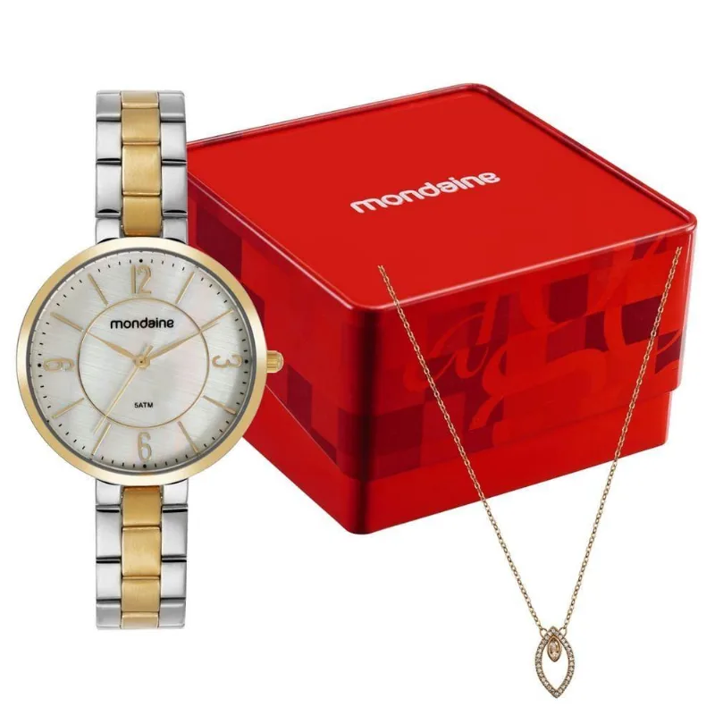 Kit Relógio Com Colar Feminino Madrepérola Bicolor Analógico Aço Inox Prata Mondaine