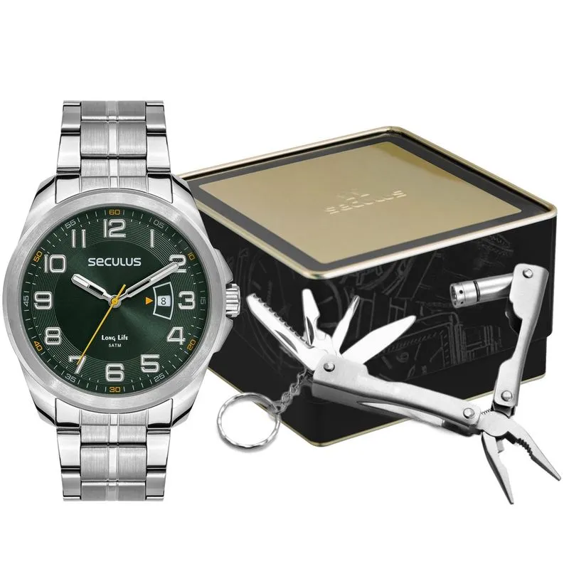 Kit relógio Masculino Mostrador Verde com Brinde