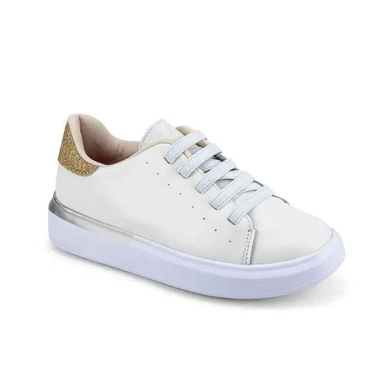 Tênis Infantil Bibi de Couro Branco com Dourado Glam 33