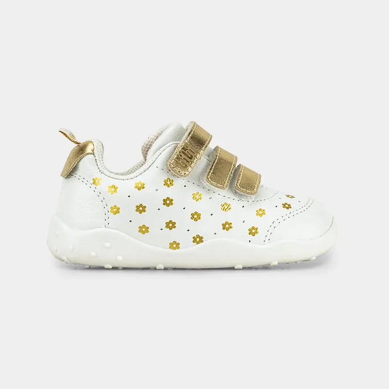 Tênis Infantil Bibi Fisioflex Originals Branco com Flores Douradas de Tiras 22