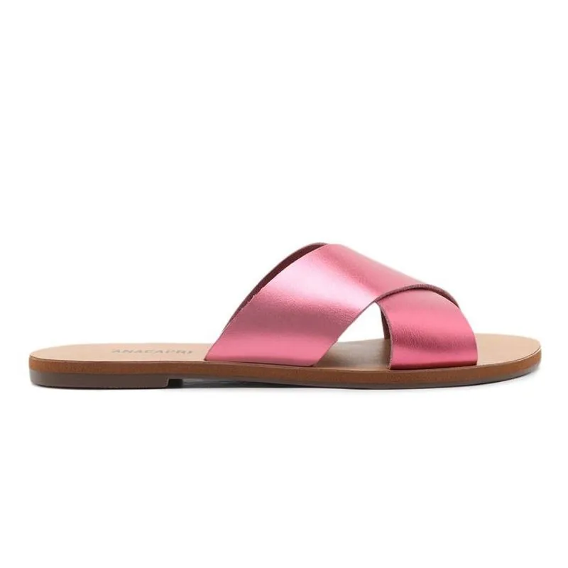 Rasteira tiras cruzadas couro metal rosa C 30014 0004 0125 anacapri