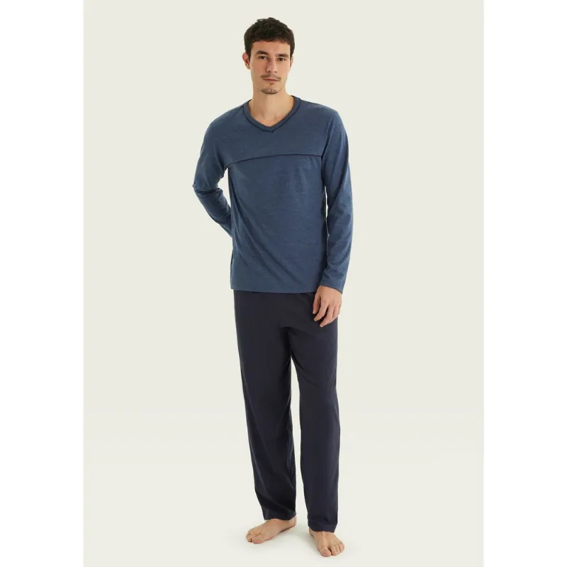 Pijama Masculino Longo Com Decote V - Azul M