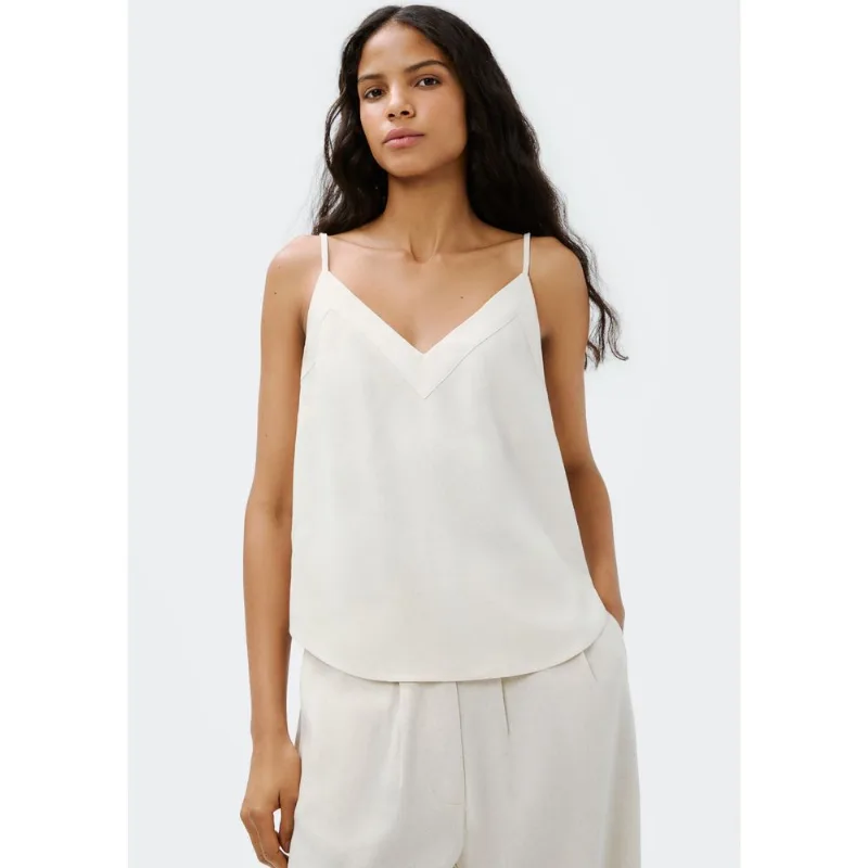 Regata Feminina Decote V Em Linho - Off white G