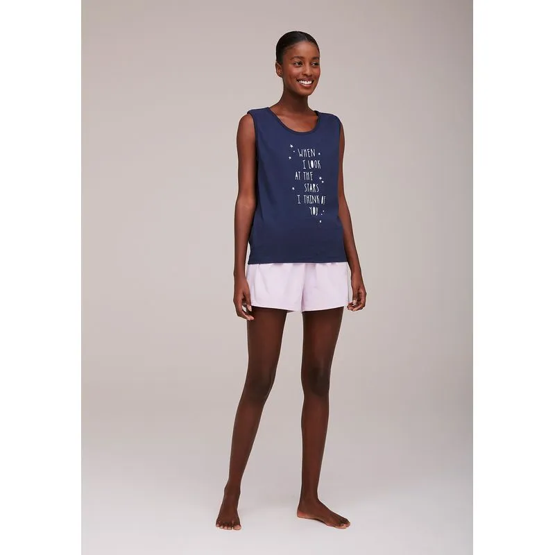Pijama Curto Feminino Com Estampa - Azul P