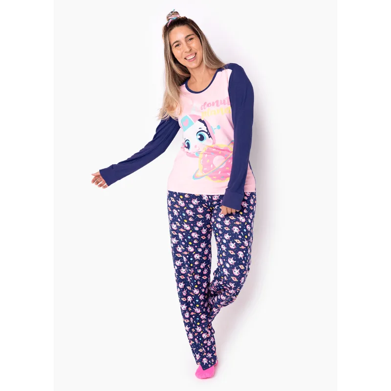 Pijama Manga Longa Viscolycra Feminino Lhama Rosa Pijama Manga Longa Viscolycra Feminino Lhama Azul PP
