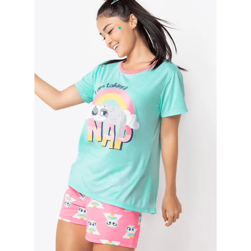 Pijama Curto Adulto Preguiça Rainbow Verde G