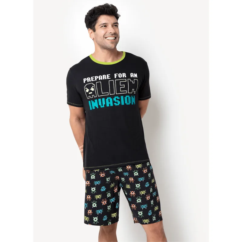 Pijama Manga Curta Masculino Viscolycra Alien - Brilha no Escuro Preto G