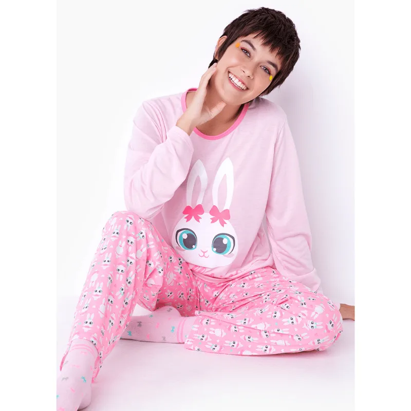 Pijama Manga Longa Feminino Coelho Rosa G