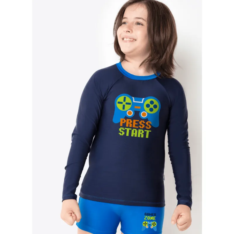 Camiseta Praia com Proteção Solar Menino Games Azul 14