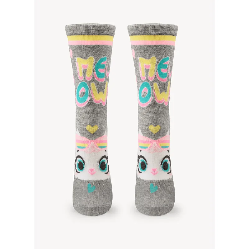 Meia Feminina Soquete Cano Médio Gata Meow Cinza
