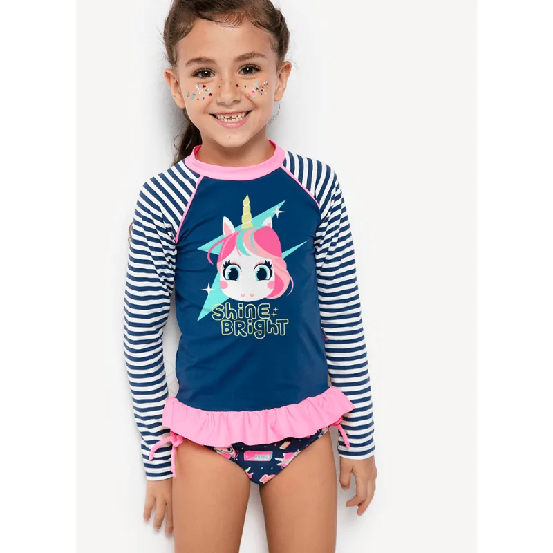 Conjunto Camiseta e Calcinha com Proteção Solar Menina Unicórnio Shine Azul 8