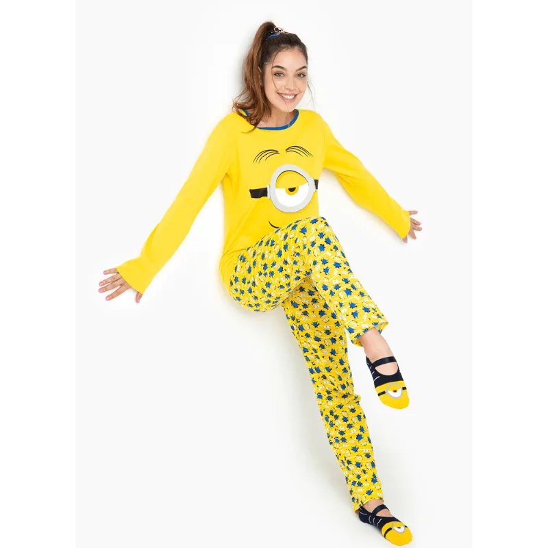 Pijama Manga Longa Feminino Algodão Minions Amarelo G
