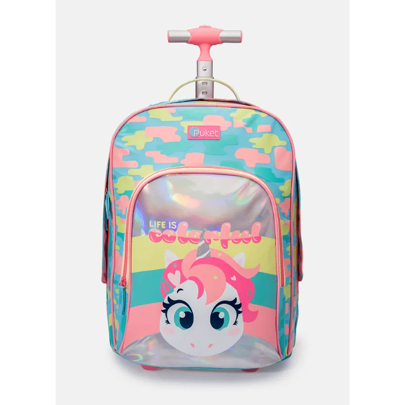 Mochila Escolar com Rodinha Unicórnio Colorful Azul