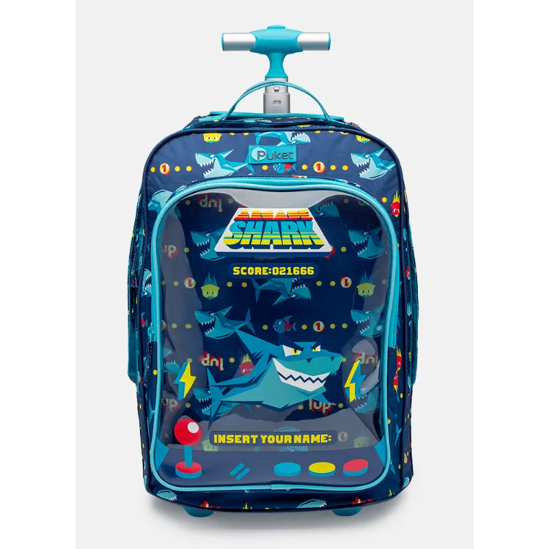 Mochila Escolar com Rodinha Tubarão Gamer Azul
