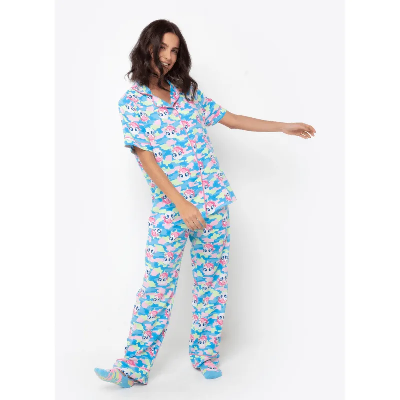Pijama Longo Manga Curta Feminino Viscose Unicórnio Colorful Camuflado Verde GG