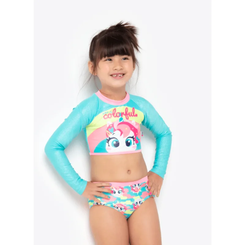 Conjunto Camiseta e Calcinha com Proteção Solar Menina Unicórnio Colorful Camuflado 1