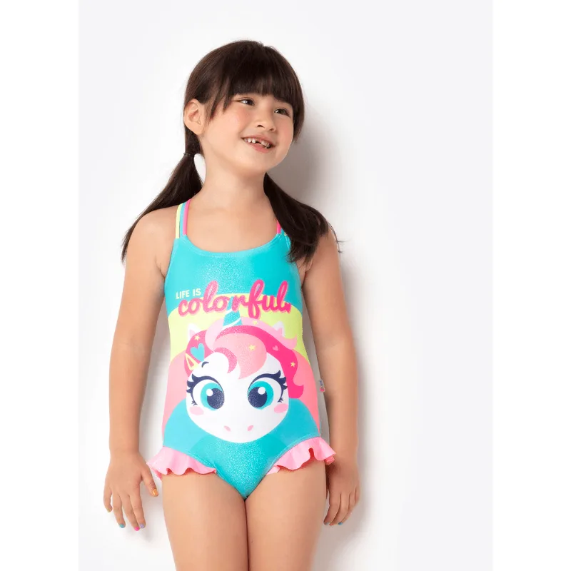 Maiô Menina Unicórnio Colorful Verde 8