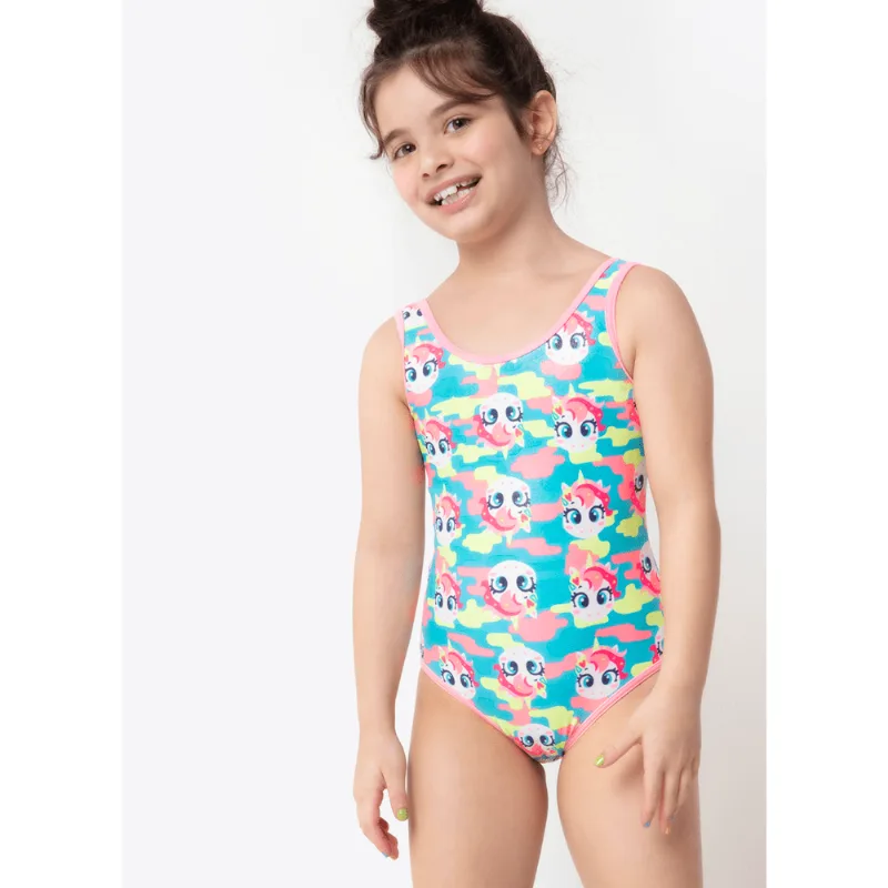 Maiô Natação Menina Unicórnio Colorful Camuflado Verde 2