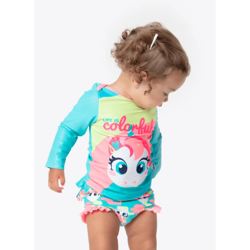 Conjunto Camiseta e Calcinha com Proteção Solar Bebê Menina Unicórnio Camuflado 6