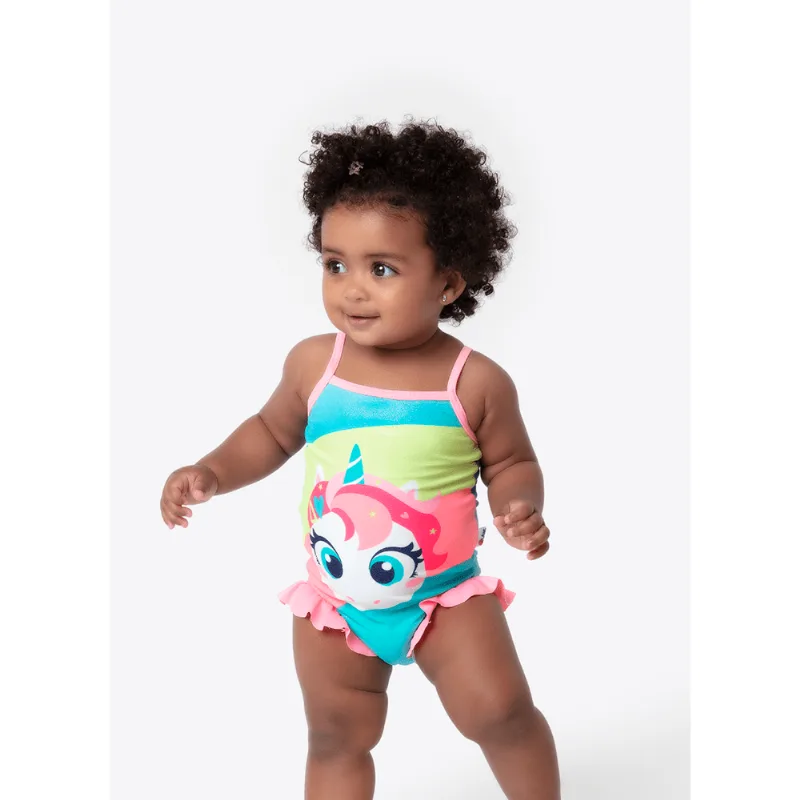 Maiô com Proteção Solar Bebê Menina Unicórnio Colorido Verde 12