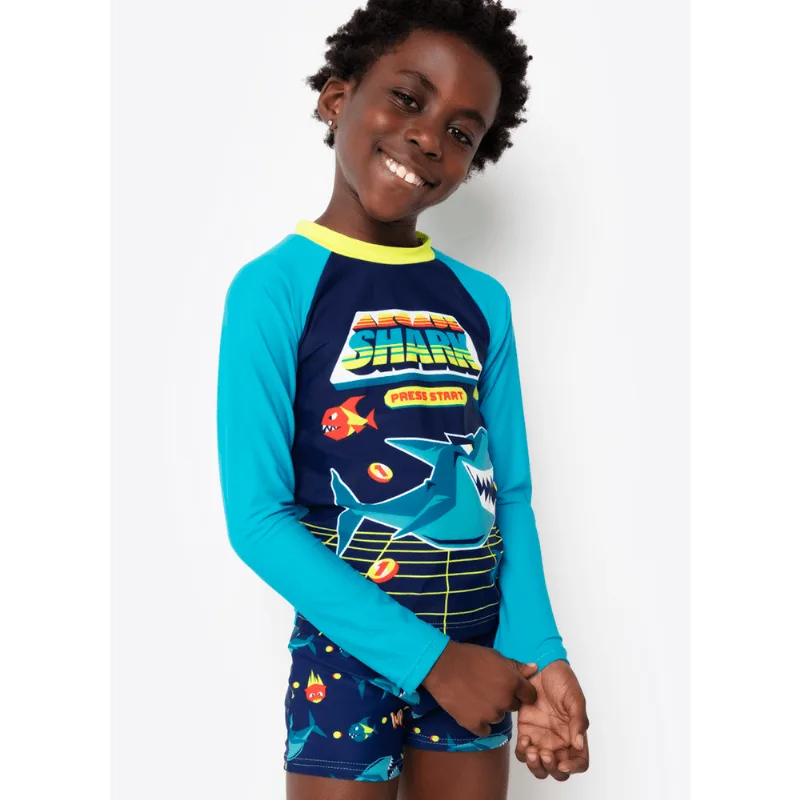 Conjunto Camiseta e Sunga com Proteção Solar Menino Tubarão Gamer 2