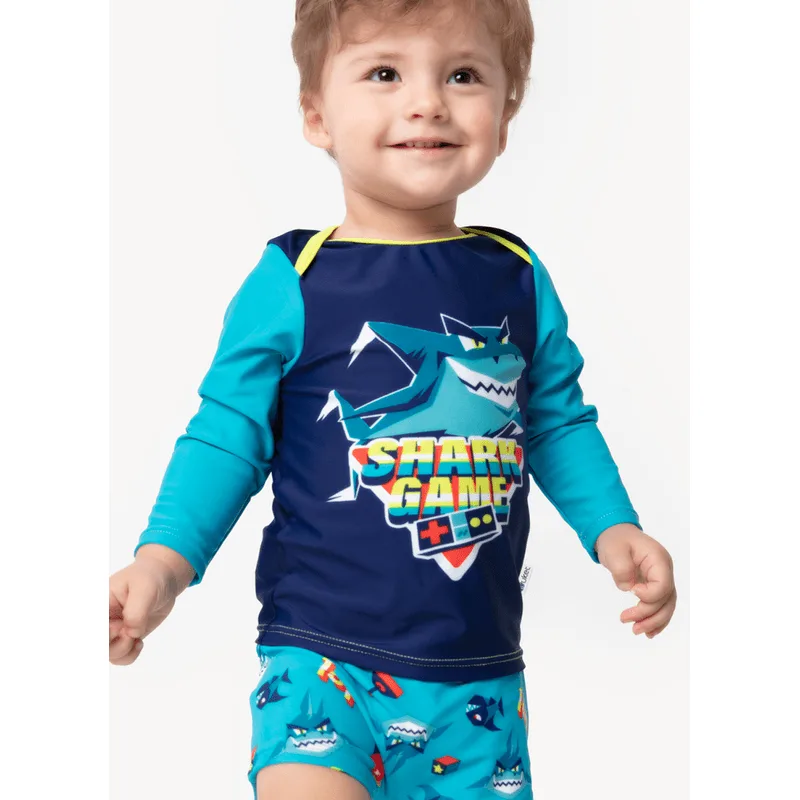 Camiseta Manga Longa com Proteção Solar Bebê Menino Tubarão Games 9 A 12 MESES